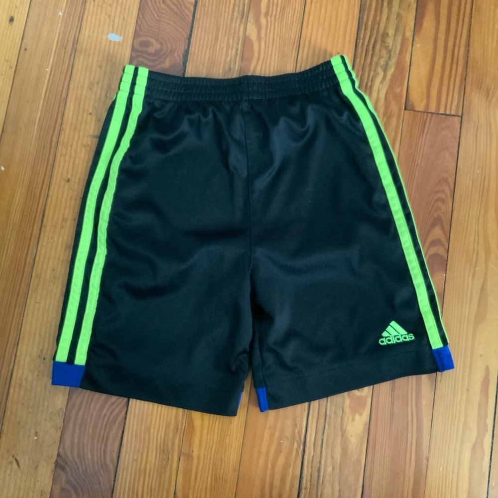 Adidas Black Shorts with Bright Green and Blue Accents. Size 5